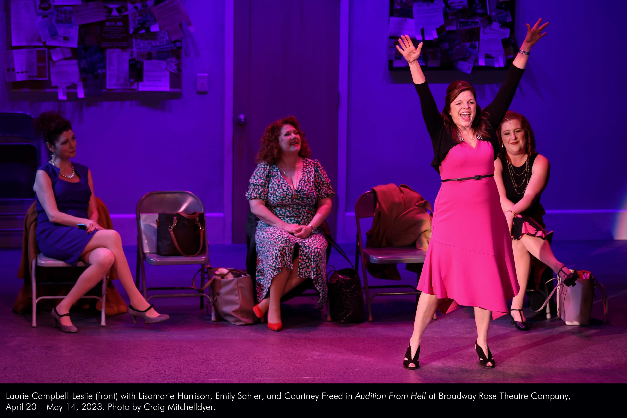 Laurie Campbell-Leslie (front) with Lisamarie Harrison, Emily Sahler, and Courtney Freed in Audition From Hell at Broadway Rose Theatre Company. April 20 through May 14, 2023. Photo by Craig Mitchelldyer