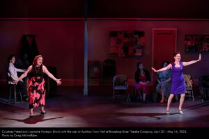 Courtney Freed and Lisamarie Harrison (front) with the cast of Audition From Hell at Broadway Rose Theatre Company. April 20 through May 14, 2023. Photo by Craig Mitchelldyer