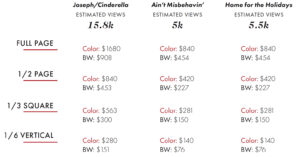 Ad Sales rate chart. Download the Ad Size and Rate chart PDF below for a reader-friendly version.