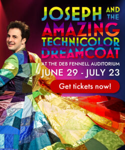 Joseph... Dreamcoat logo featuring rainbow text over a background of bold, colorful stage lights with a photo of Alex Foufos as Joseph.