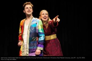 Alex Foufos and Danielle Valentine in Joseph and the Amazing Technicolor Dreamcoat at Broadway Rose Theatre Company, June 29 – July 23, 2023. Photo by Craig Mitchelldyer.