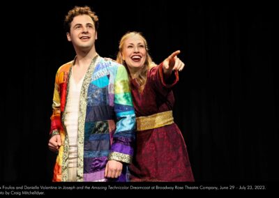 Alex Foufos and Danielle Valentine in Joseph and the Amazing Technicolor Dreamcoat at Broadway Rose Theatre Company, June 29 – July 23, 2023. Photo by Craig Mitchelldyer.