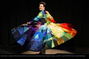 Alex Foufos in Joseph and the Amazing Technicolor Dreamcoat at Broadway Rose Theatre Company, June 29 – July 23, 2023. Photo by Craig Mitchelldyer.