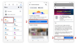 Visual instructions for setting up a birthday fundraiser on Facebook using a mobile device.