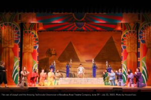 The cast of Joseph and the Amazing Technicolor Dreamcoat at Broadway Rose Theatre Company, June 29 - July 23, 2023. Photo by Howard Lao.