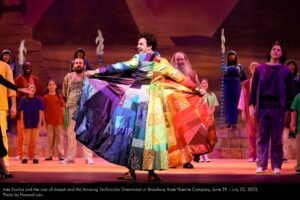 Alex Foufos and the cast of Joseph and the Amazing Technicolor Dreamcoat at Broadway Rose Theatre Company, June 29 - July 23, 2023. Photo by Howard Lao.