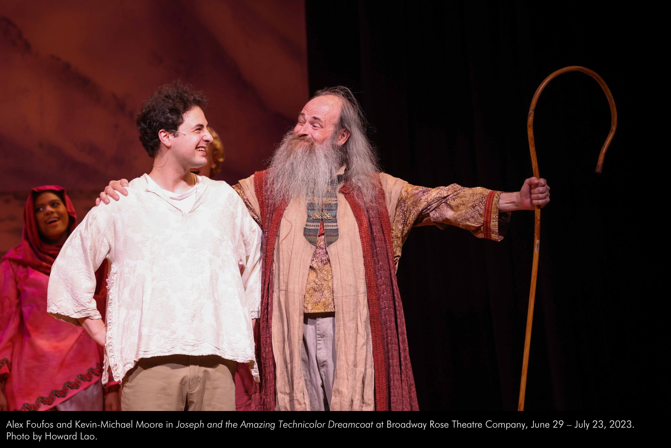 Alex Foufos and Kevin-Michael Moore in Joseph and the Amazing Technicolor Dreamcoat at Broadway Rose Theatre Company, June 29 - July 23, 2023. Photo by Howard Lao.