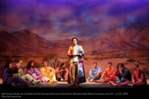 Alex Foufos and the cast of Joseph and the Amazing Technicolor Dreamcoat at Broadway Rose Theatre Company, June 29 - July 23, 2023. Photo by Howard Lao.