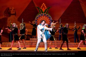 Nick Serrone and the cast of Joseph and the Amazing Technicolor Dreamcoat at Broadway Rose Theatre Company, June 29 - July 23, 2023. Photo by Howard Lao.