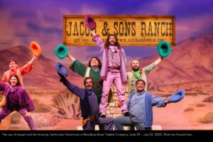 The cast of Joseph and the Amazing Technicolor Dreamcoat at Broadway Rose Theatre Company, June 29 - July 23, 2023. Photo by Howard Lao.