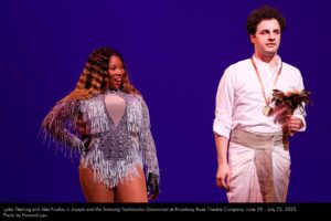 Lydia Fleming and Alex Foufos in Joseph and the Amazing Technicolor Dreamcoat at Broadway Rose Theatre Company, June 29 - July 23, 2023. Photo by Howard Lao.