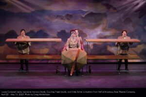 Laurie Campbell-Leslie, Lisamarie Harrison (front), Courtney Freed (back), and Emily Sahler in Audition From Hell at Broadway Rose Theatre Company, April 20 – May 14, 2023. Photo by Craig Mitchelldyer.
