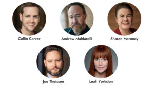 Photos of Collin Carver, Andrew Maldarelli, Sharon Maroney, Joe Theissen, and Leah Yorkston.