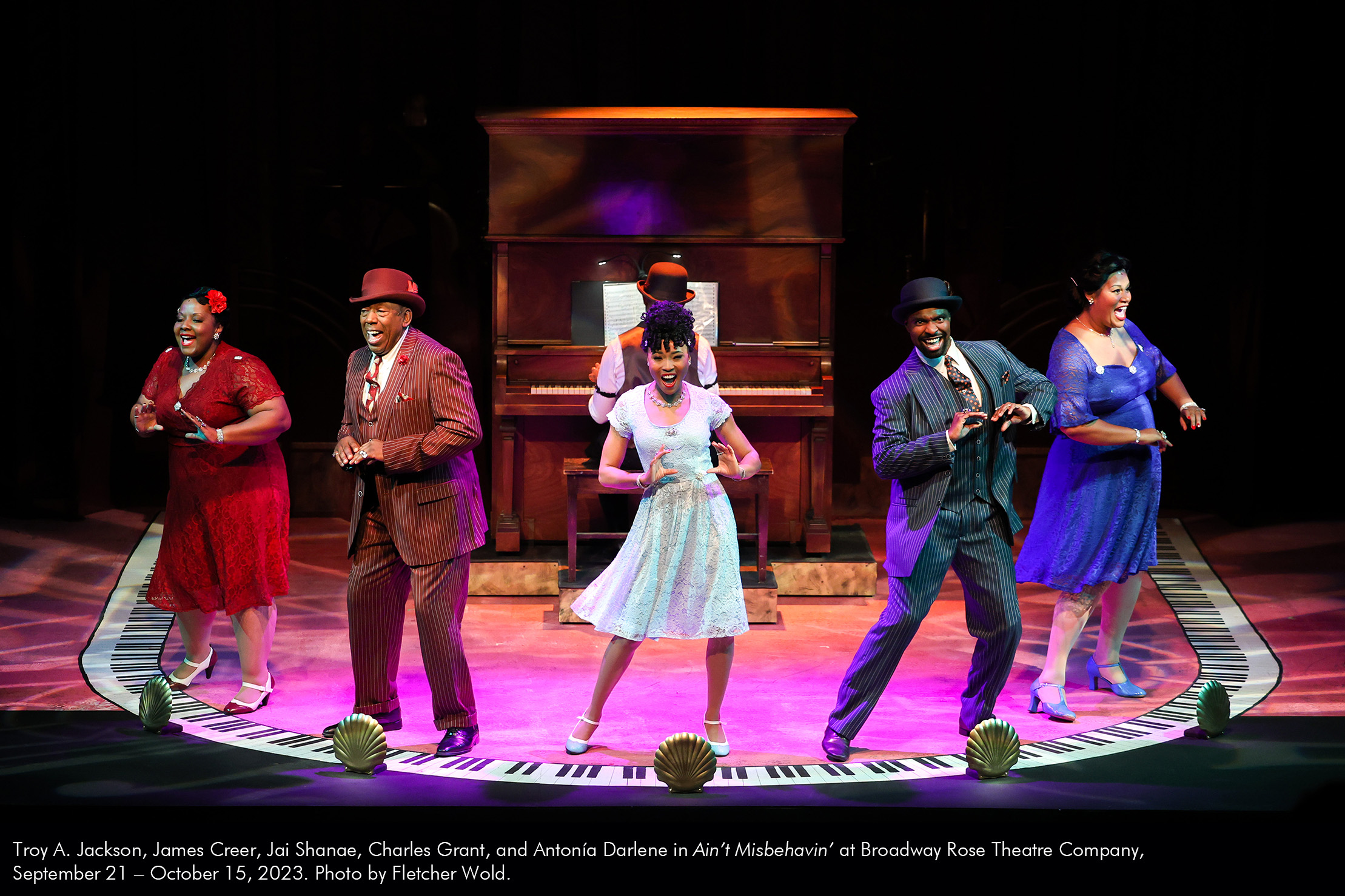 Troy A. Jackson, James Creer, Jai Shane, Charles Grant, and Antonía Darlene in Ain't Misbehavin' at Broadway Rose Theatre Company, September 21 - October 15, 2023. Photo by Fletcher Wold.