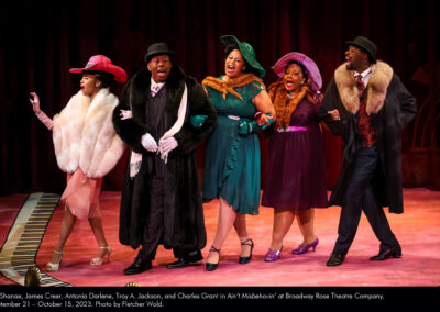 Jai Shane, James Creer, Antonía Darlene, Troy A. Jackson, and Charles Grant in Ain't Misbehavin' at Broadway Rose Theatre Companv, September 21 - October 15, 2023. Photo by Fletcher Wold.