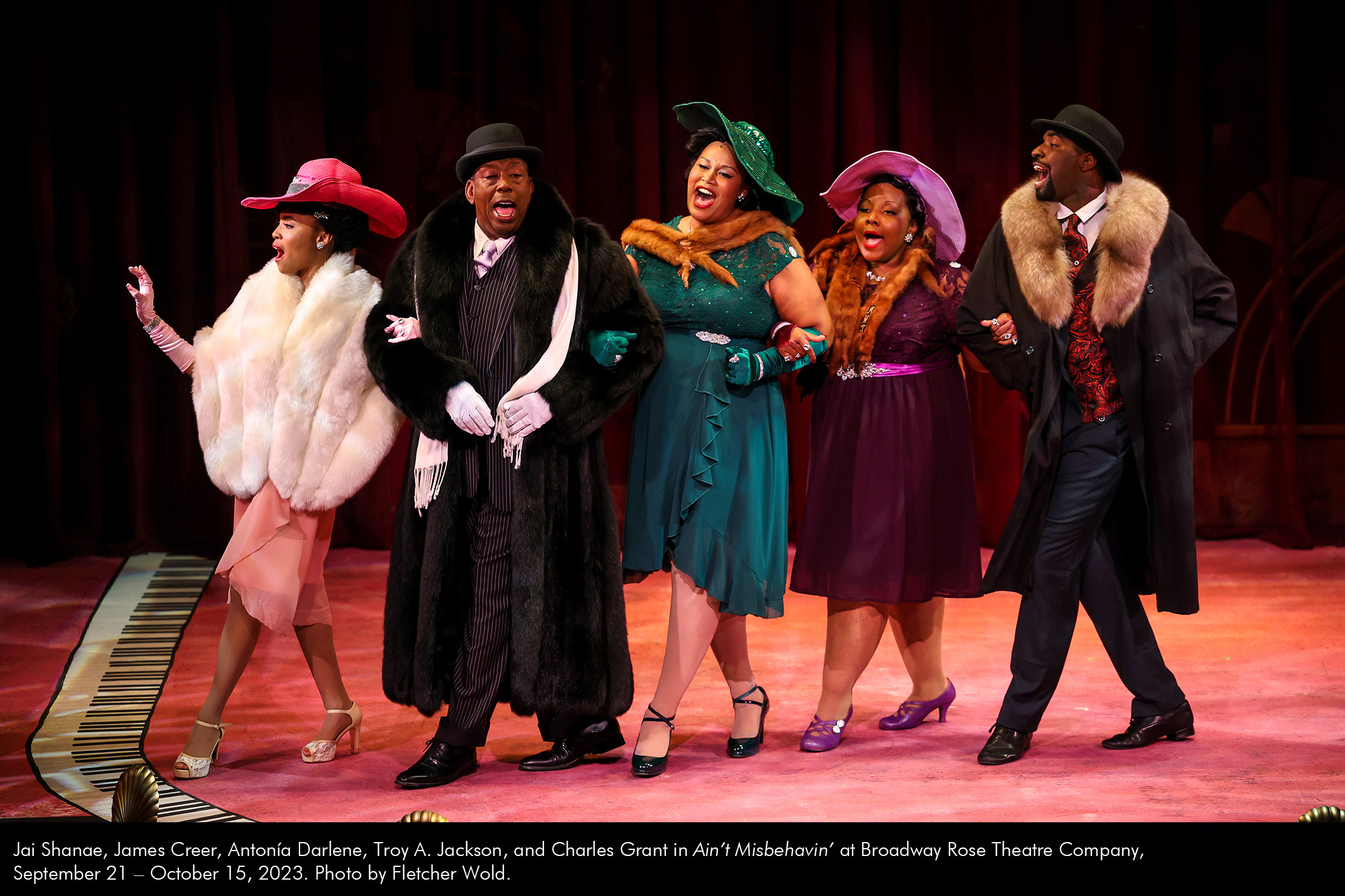 Jai Shane, James Creer, Antonía Darlene, Troy A. Jackson, and Charles Grant in Ain't Misbehavin' at Broadway Rose Theatre Companv, September 21 - October 15, 2023. Photo by Fletcher Wold.