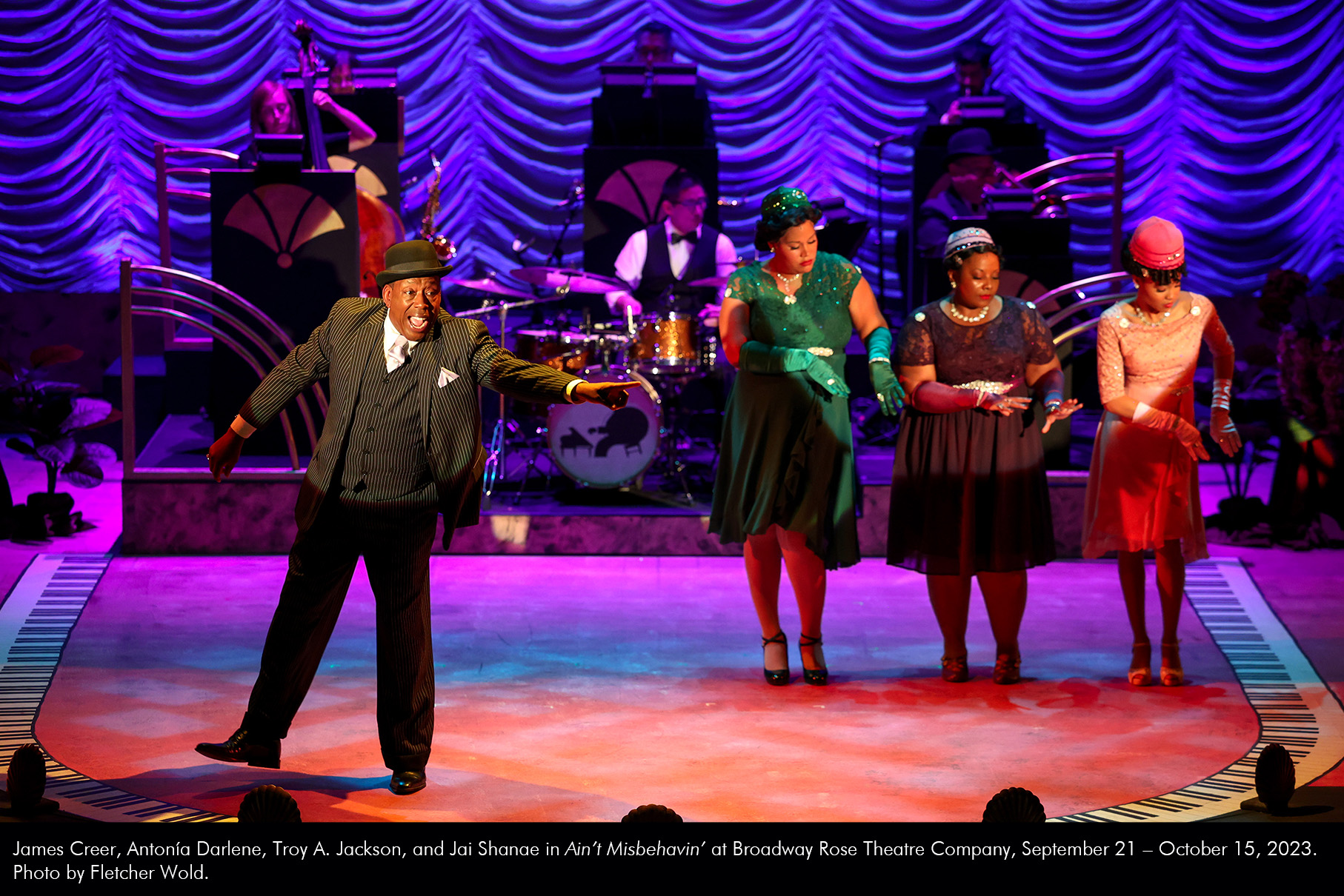 James Creer, Antonía Darlene, Troy A. Jackson, and Jai Shane in Ain't Misbehavin' at Broadway Rose Theatre Company, September 21 - October 15, 2023. Photo by Fletcher Wold.