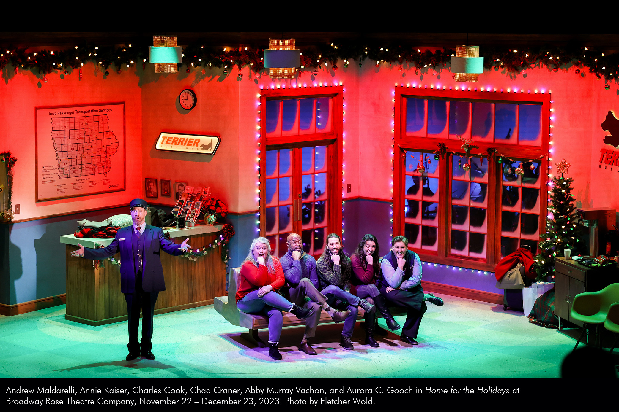 Andrew Maldarelli, Annie Kaiser, Charles Cook, Chad Craner, Abby Murray Vachon, and Aurora C. Gooch in Home for the Holidays at Broadway Rose Theatre Company, November 22 – December 23, 2023. Photo by Fletcher Wold.