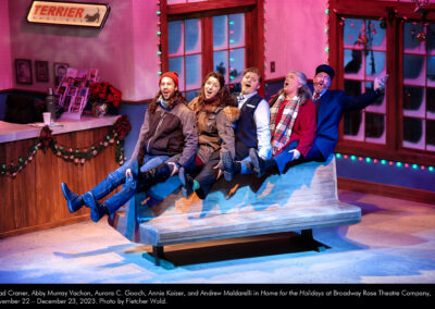 Chad Craner, Abby Murray Vachon, Aurora C. Gooch, Annie Kaiser, and Andrew Maldarelli in Home for the Holidays at Broadway Rose Theatre Company, November 22 – December 23, 2023. Photo by Fletcher Wold.
