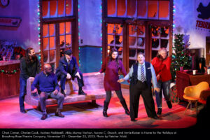 Chad Craner, Charles Cook, Andrew Maldarelli, Abby Murray Vachon, Aurora C. Gooch, and Annie Kaiser in Home for the Holidays at Broadway Rose Theatre Company, November 22 – December 23, 2023. Photo by Fletcher Wold.