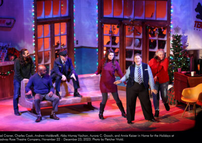 Chad Craner, Charles Cook, Andrew Maldarelli, Abby Murray Vachon, Aurora C. Gooch, and Annie Kaiser in Home for the Holidays at Broadway Rose Theatre Company, November 22 – December 23, 2023. Photo by Fletcher Wold.