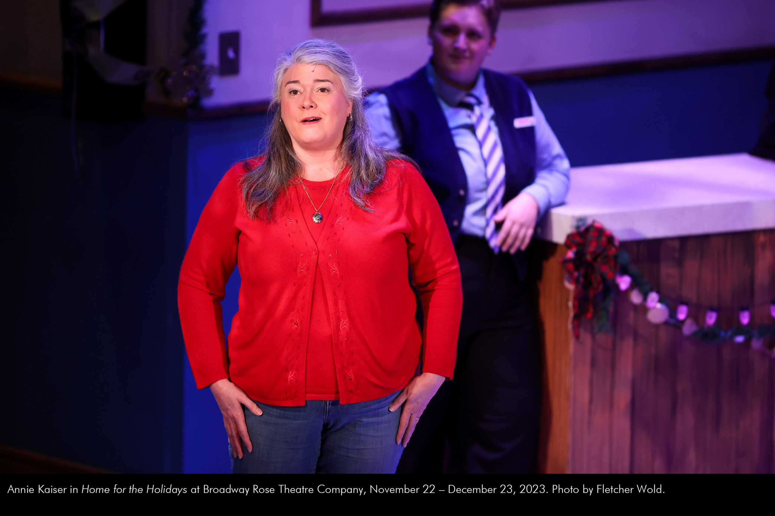Annie Kaiser in Home for the Holidays at Broadway Rose Theatre Company, November 22 – December 23, 2023. Photo by Fletcher Wold.