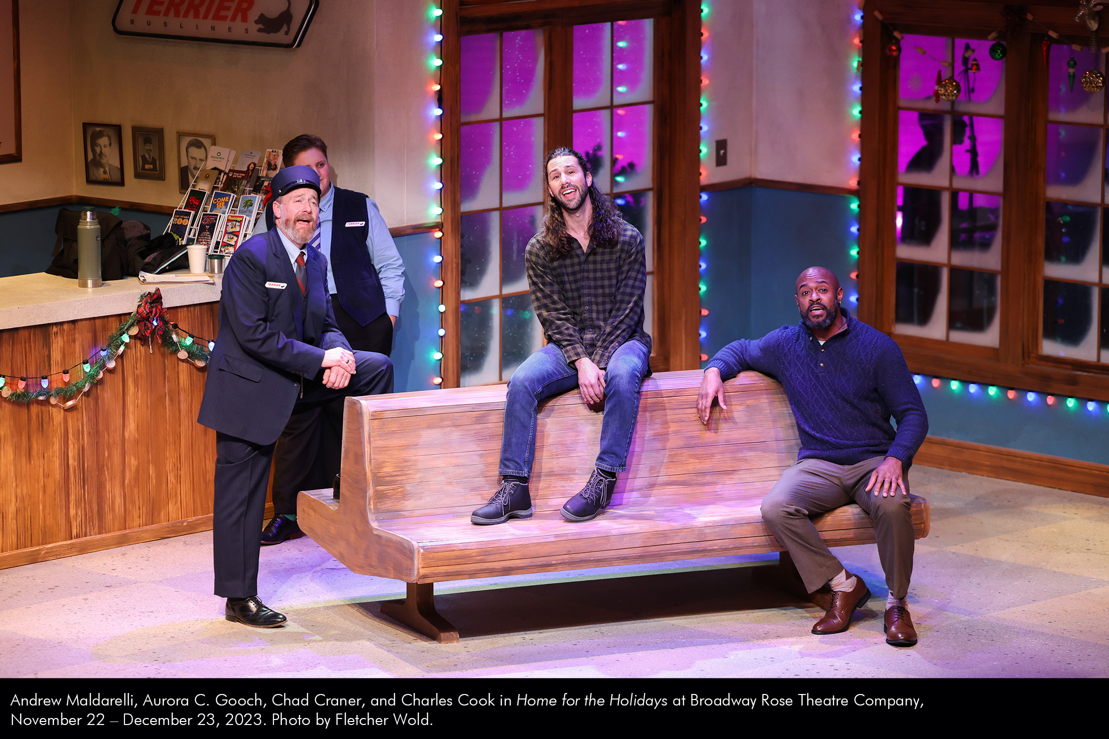 Andrew Maldarelli, Aurora C. Gooch, Chad Craner, and Charles Cook in Home for the Holidays at Broadway Rose Theatre Company, November 22 – December 23, 2023. Photo by Fletcher Wold.