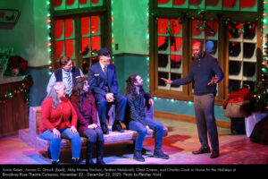 Annie Kaiser, Aurora C. Gooch (back), Abby Murray Vachon, Andrew Maldarelli, Chad Craner, and Charles Cook in Home for the Holidays at Broadway Rose Theatre Company, November 22 – December 23, 2023. Photo by Fletcher Wold.