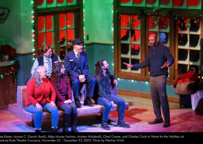 Annie Kaiser, Aurora C. Gooch (back), Abby Murray Vachon, Andrew Maldarelli, Chad Craner, and Charles Cook in Home for the Holidays at Broadway Rose Theatre Company, November 22 – December 23, 2023. Photo by Fletcher Wold.