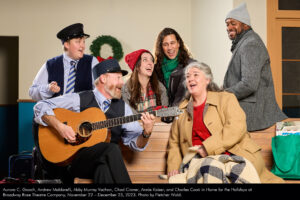 Aurora C. Gooch, Andrew Maldarelli, Abby Murray Vachon, Chad Craner, Annie Kaiser, and Charles Cook in "Home for the Holidays" at Broadway Rose Theatre Company, November 22 - December 23, 2023. Photo by Fletcher Wold.