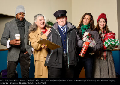 Charles Cook, Annie Kaiser, Aurora C. Gooch, Chad Craner, and Abby Murray Vachon in "Home for the Holidays" at Broadway Rose Theatre Company, November 22 - December 23, 2023. Photo by Fletcher Wold.