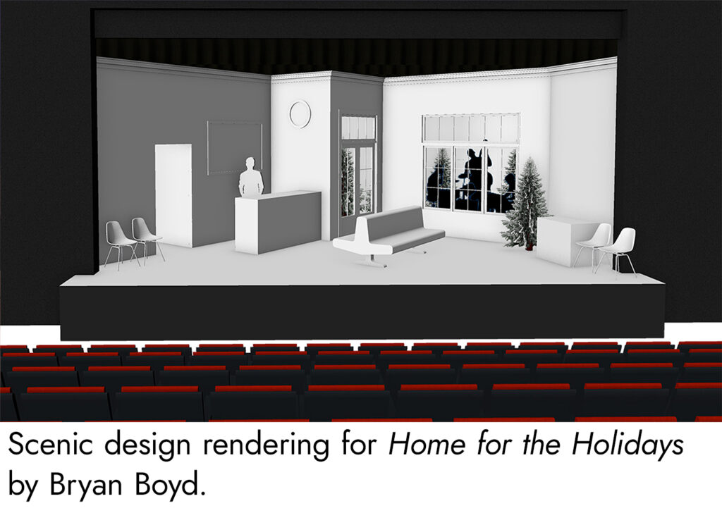 A computer rendering of the set of Home for the Holidays. It shows a small, cozy bus station with a counter, double-sided wooden bench, and a few chairs. A large set of double doors and a large window adorn the wall furthest up stage.