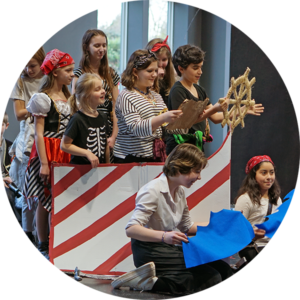 Photo of kids performing a pirate themed musical during our 2023 Kids Winter Showcase.