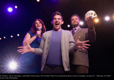 Leah Yorkston, Trevor Hennigan, and Galen Schloming in The Double-Threat Trio at Broadway Rose Theatre Company, January 25 - February 18, 2024. Photo by Craig Mitchelldyer.