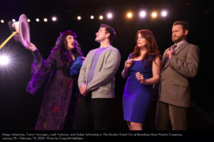 Margo Schembre, Trevor Hennigan, Leah Yorkston, and Galen Schloming in The Double-Threat Trio at Broadway Rose Theatre Company, January 25 - February 18, 2024. Photo by Craig Mitchelldyer.