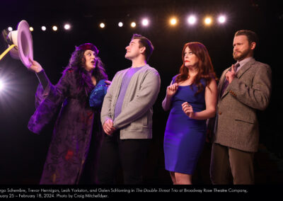 Margo Schembre, Trevor Hennigan, Leah Yorkston, and Galen Schloming in The Double-Threat Trio at Broadway Rose Theatre Company, January 25 - February 18, 2024. Photo by Craig Mitchelldyer.