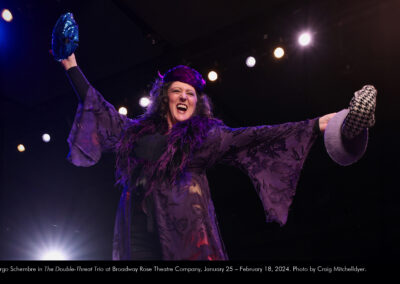 Margo Schembre in The Double-Threat Trio at Broadway Rose Theatre Company, January 25 – February 18, 2024. Photo by Craig Mitchelldyer.