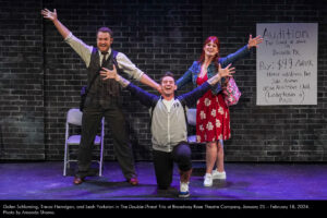 Galen Schloming, Trevor Hennigan, and Leah Yorkston in The Double-Threat Trio at Broadway Rose Theatre Company, January 25 - February 18, 2024. Photo by Amanda Shama.
