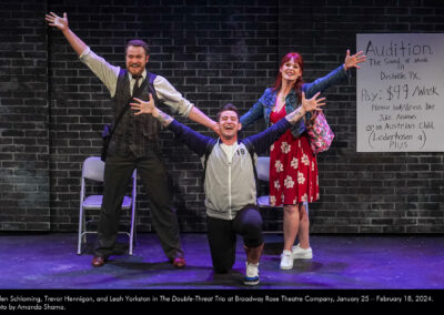 Galen Schloming, Trevor Hennigan, and Leah Yorkston in The Double-Threat Trio at Broadway Rose Theatre Company, January 25 - February 18, 2024. Photo by Amanda Shama.