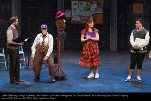 Galen Schloming, Margo Schembre, Leah Yorkston, and Trevor Hennigan in The Double-Threat Trio at Broadway Rose Theatre Company, January 25 - February 18, 2024. Photo by Amanda Shama.