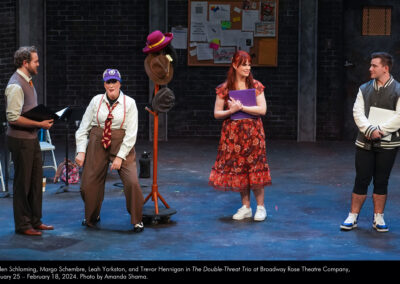 Galen Schloming, Margo Schembre, Leah Yorkston, and Trevor Hennigan in The Double-Threat Trio at Broadway Rose Theatre Company, January 25 - February 18, 2024. Photo by Amanda Shama.