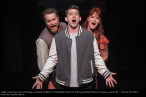 Galen Schloming, Trevor Hennigan, and Leah Yorkston in The Double-Threat Trio at Broadway Rose Theatre Company, January 25 - February 18, 2024. Photo by Amanda Shama.