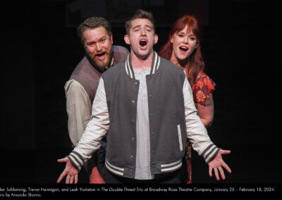 Galen Schloming, Trevor Hennigan, and Leah Yorkston in The Double-Threat Trio at Broadway Rose Theatre Company, January 25 - February 18, 2024. Photo by Amanda Shama.