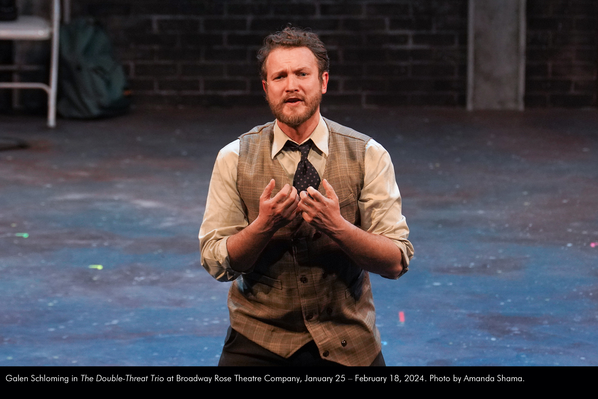 Galen Schloming in The Double-Threat Trio at Broadway Rose Theatre Company, January 25 - February 18, 2024. Photo by Amanda Shama.