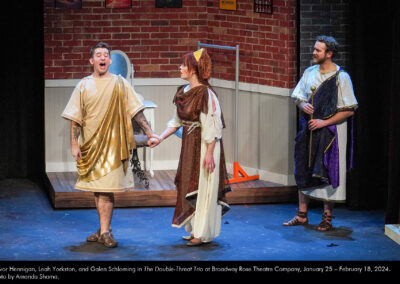 Trevor Hennigan, Leah Yorkston, and Galen Schloming in The Double-Threat Trio at Broadway Rose Theatre Company, January 25 - February 18, 2024. Photo by Amanda Shama.