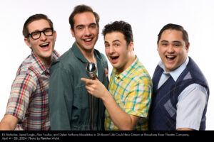 Eli Nicholas, Jared Lingle, Alex Foutos, and Dylan Anthony Macabitas in Sh-Boom! Life Could Be a Dream at Broadway Rose Theatre Company, April 4 - 28, 2024. Photo by Fletcher Wold.