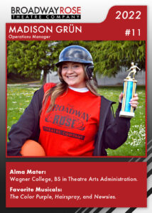 A sports card with a photo of Madison Grun holding a basketball, a soccer trophy, and hearing a baseball batting helmet, confusingly. The text on the card reads: Alma Mater: Wagner College, BS in Theatre Arts Administration. Favorite Musicals:The Color Purple, Hairspray, and Newsies.