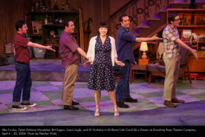 Alex Foufos, Dylan Anthony Macabitas, Brit Eagan, Jared Lingle, and Eli Nicholas in Sh-Boom! Life Could Be a Dream at Broadway Rose Theatre Company, April 4 - 28, 2024. Photo by Fletcher Wold.