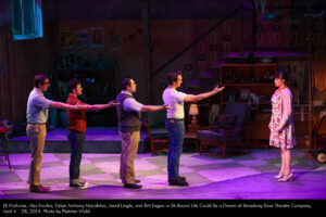 Eli Nicholas, Alex Foufos, Dylan Anthony Macabitas, Jared Lingle, and Brit Eagan in Sh-Boom! Life Could Be a Dream at Broadway Rose Theatre Company, April 4 - 28, 2024. Photo by Fletcher Wold.