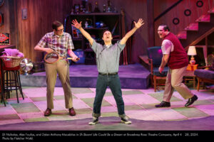 Eli Nicholas, Alex Foufos, and Dylan Anthony Macabitas in Sh-Boom! Life Could Be a Dream at Broadway Rose Theatre Company, April 4 - 28, 2024. Photo by Fletcher Wold.